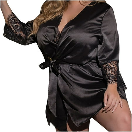 Puntoco Plus Size Nightdress Clearance Ladies Solid Erotic Lingerie Silk Bathrobe Nightdress Pajamas Sweat Clothes Black 6(M)