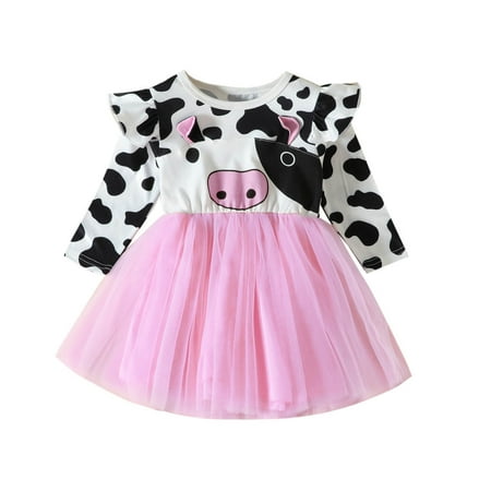 

TAGOLD Toddler Kids Baby Girls Fashion Cute Long Sleeve Sweet Cow Pattern Print Mesh Skirt Dress Pink 18-24Months