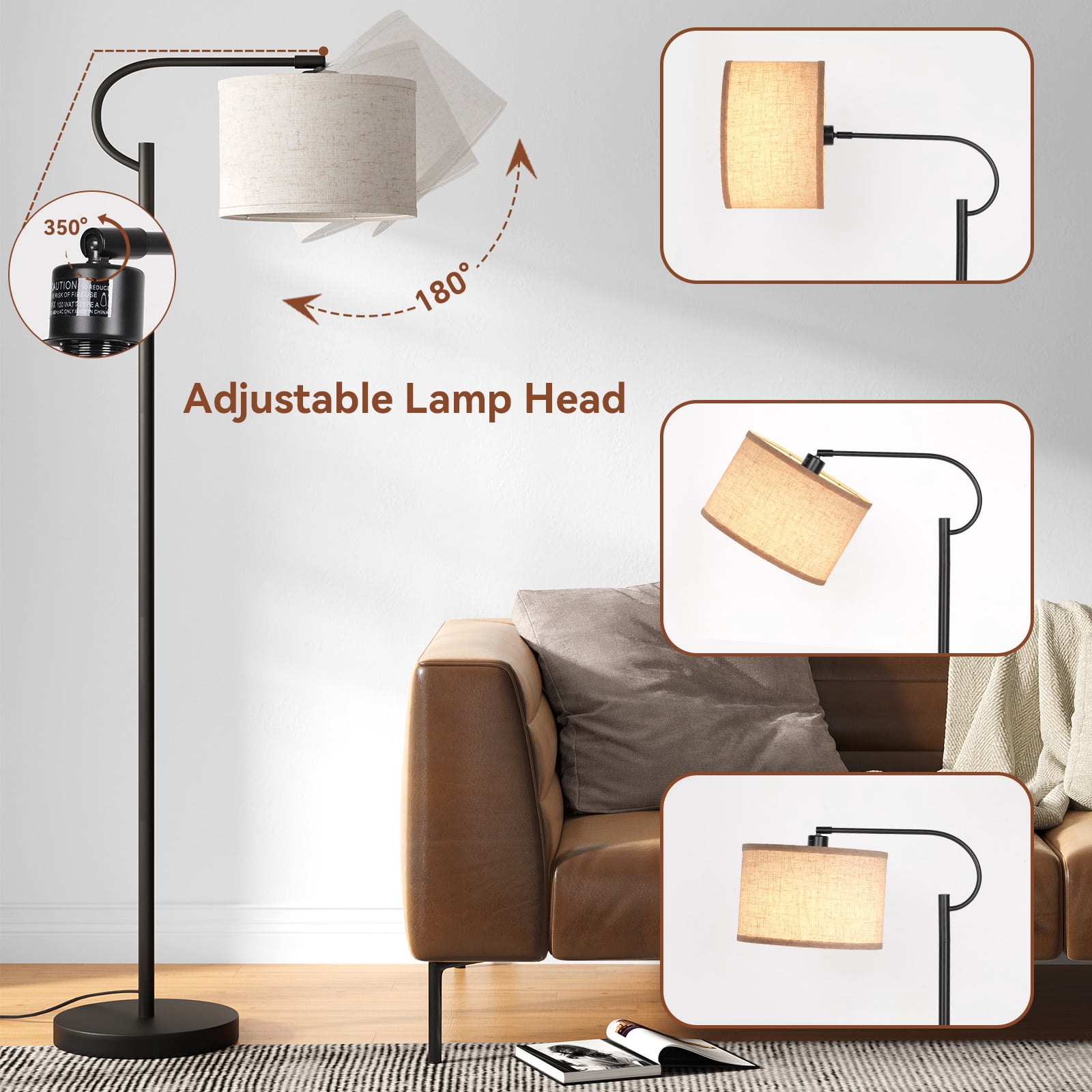 SUNMORY 63" Arc Floor Lamp for Living Room, Dimming Standing Lamp with Linen Shade, Tall lamp with 3 Color Temperature LED, Metal Modern Floor Lamps for Bedroom, Office, Bulb Included, Black