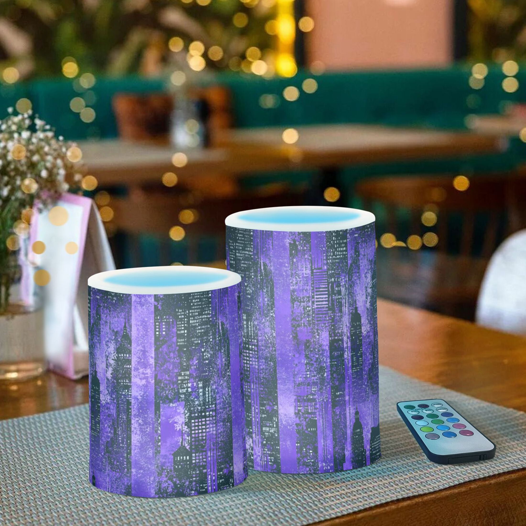 Modern Purple Cityscape Pattern Flameless LED Candle Set with Remote, Battery Operated Color Changing Pillar Candles, Set of 2