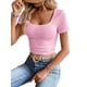 thumbnail image 3 of Top corto LUXVEER para mujer, manga corta, cuello cuadrado, de verano, rosa, 3 of 6