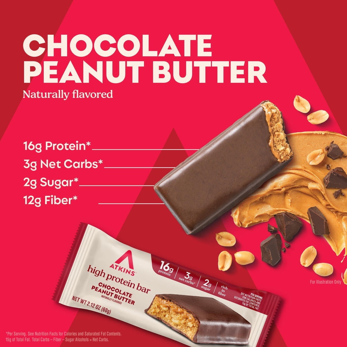 Atkins High Protein Bars, Chocolate Peanut Butter Flavored, 16g of Protein, 3g Net Carbs, Value Pack, 8 Count