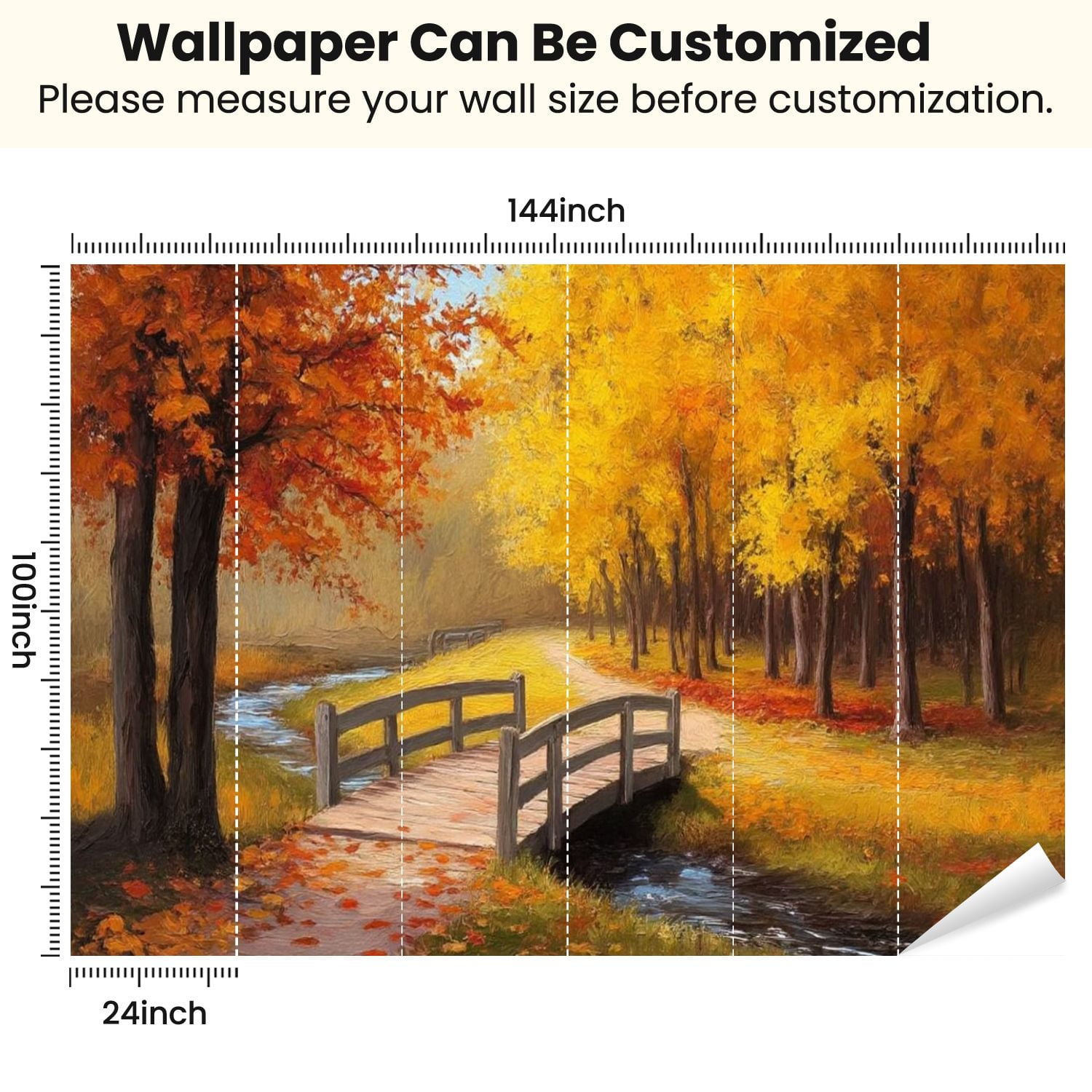 Peel and Stick Wallpaper Oil Painting Autumn Forest River Bright Red Leaves Colorful Bridge Modern Art Wall Mural Decor Self Adhesive and Removable 100in x 144in