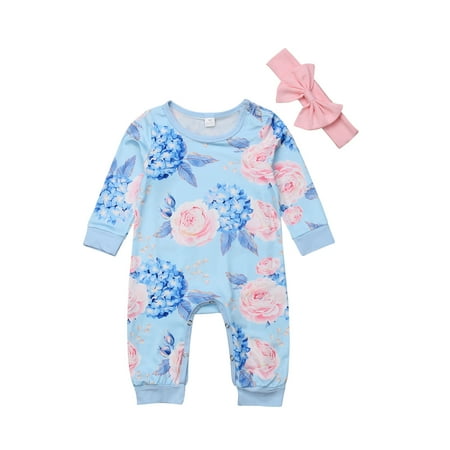 

Baby Girl Floral Romper Long Sleeve Blue Rose Jumpsuit Bodysuit+Headband Clothes