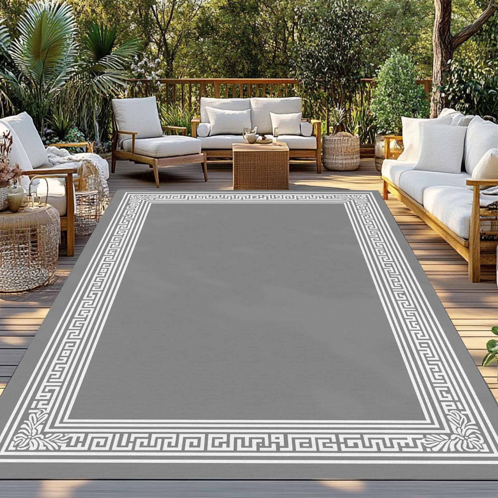 Grey Geometric Outdoor Rug 5x8 Ft - Reversible Patio Rug Outdoor Camping Rugs, Bohemia Tribal Farm Tribal Patterned Washable Indoor Outdoor Area Rugs, Non-Slip Outdoor Carpet Runner for Deck/Porch