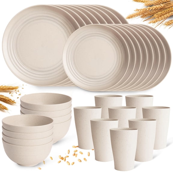 32 Pcs Wheat Straw Dinnerware Set for 8, Plates and Bowls Set, Safe Lightweight Dishes Set