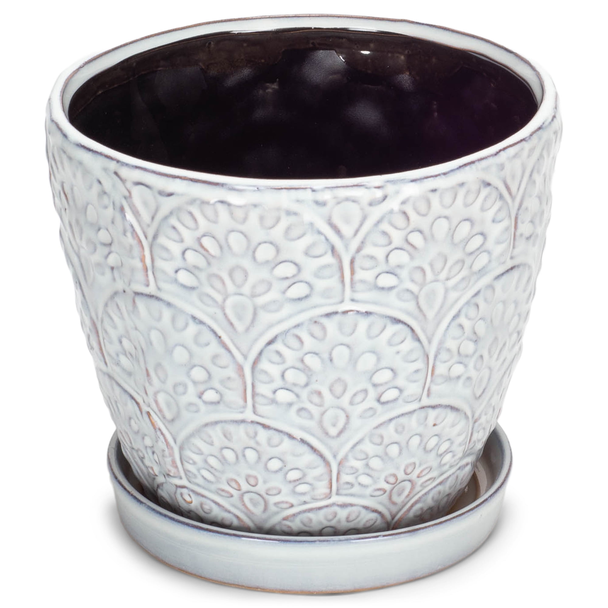 Scalloped Ivory and Jet Black 6 Inches Ceramic Glazed Indoor Outdoor Flower Pot Planter