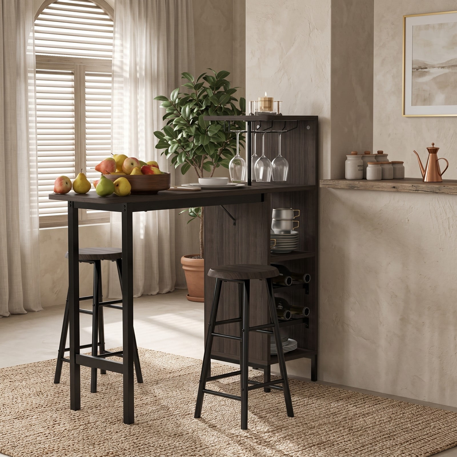 Furnibear 3 Piece Bar Table and Chairs Set with 6-Bottle Wine Rack, Counter Height Pub Dining Table Set with 2 Stools and Storage Shelves for Kitchen Breakfast, Brown