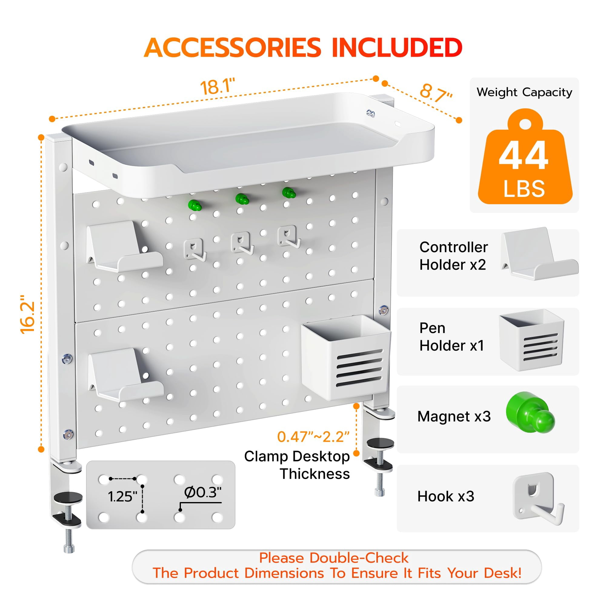 Clamp On Desk Pegboard With 16 Inches Organizer Shelf  Adjustable Above Or Under Storage Holds 44 Lbs Magnetic Metal Peg Board For Office And Gaming Accessories White