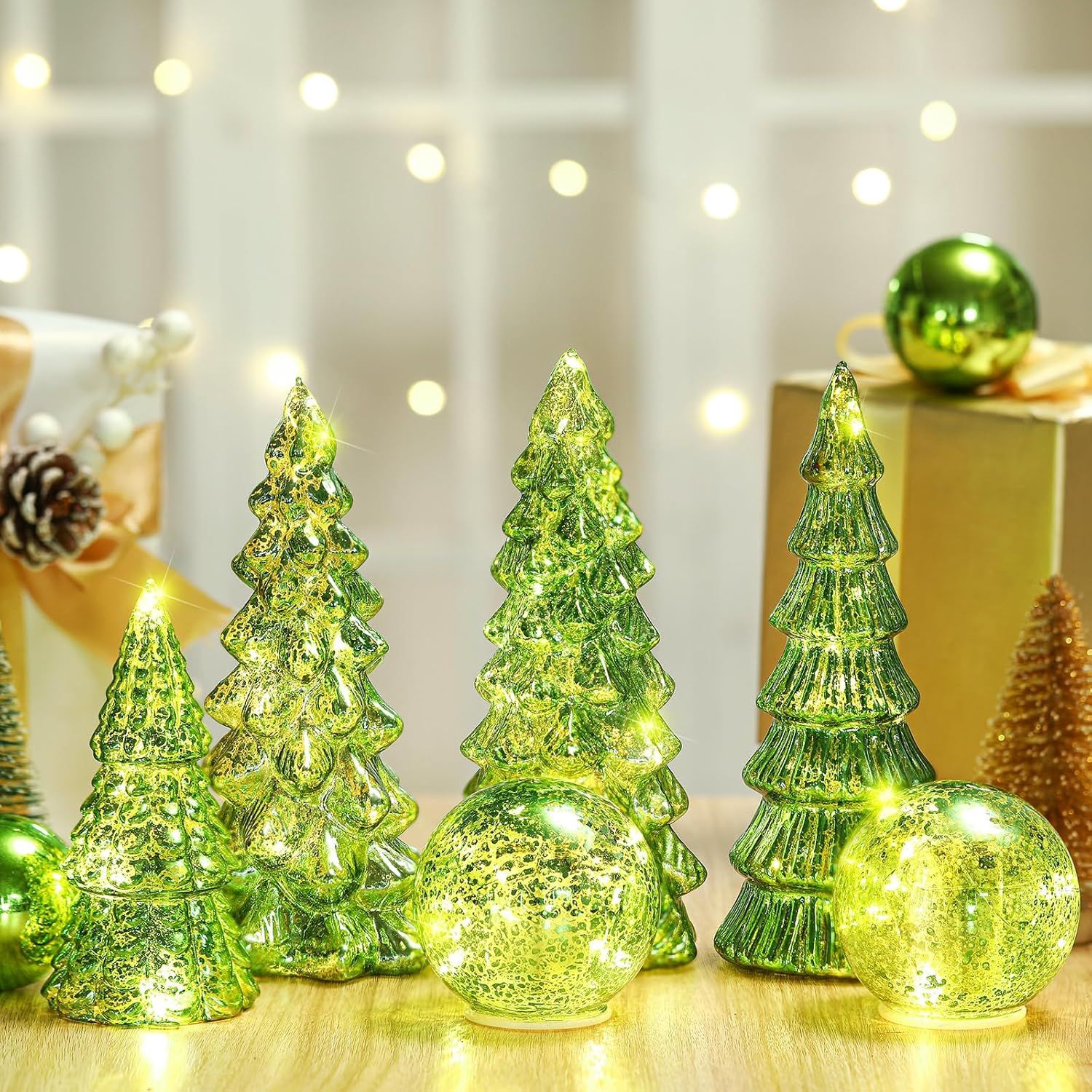 6 Pcs Mercury Glass Christmas Tree for Tabletop Light up Figurine Christmas Tree Mercury Cracked Glass Globe with Light for Xmas Decor Home Party Centerpiece Mantel Gift