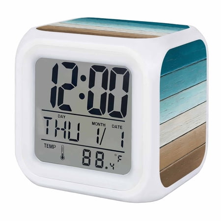 Alarm Clocks Aqua Wood Grain Digital Clock 7 Color LED Night Light Silent Non-Ticking Battery Operated Brown Ombre Wooden Cube Clocks Decorative for Bedroom Bedside Living Room Office School Decor