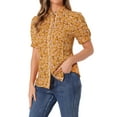 thumbnail image 4 of INSPIRE CHIC Women's Peter Pan Collar Blouse Floral Puff Short Sleeve Contrast Trim Cotton Button Down Top M Yellow, 4 of 6