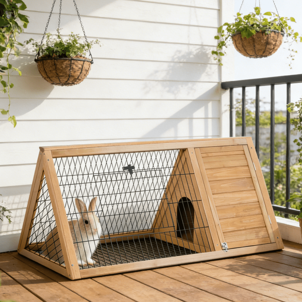 Yellow 46" Wooden A-Frame Outdoor Rabbit Hutch with Run & Ventilated Wire