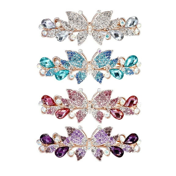 RUseeN 4 Pack Luxury Glitter Sparkly Jeweled Gems Crystal Butterfly Metal French Hair Barrettes Fancy Bling Alligator Snap Butterflies Hair Clips Headpieces Accessories for Women Girls