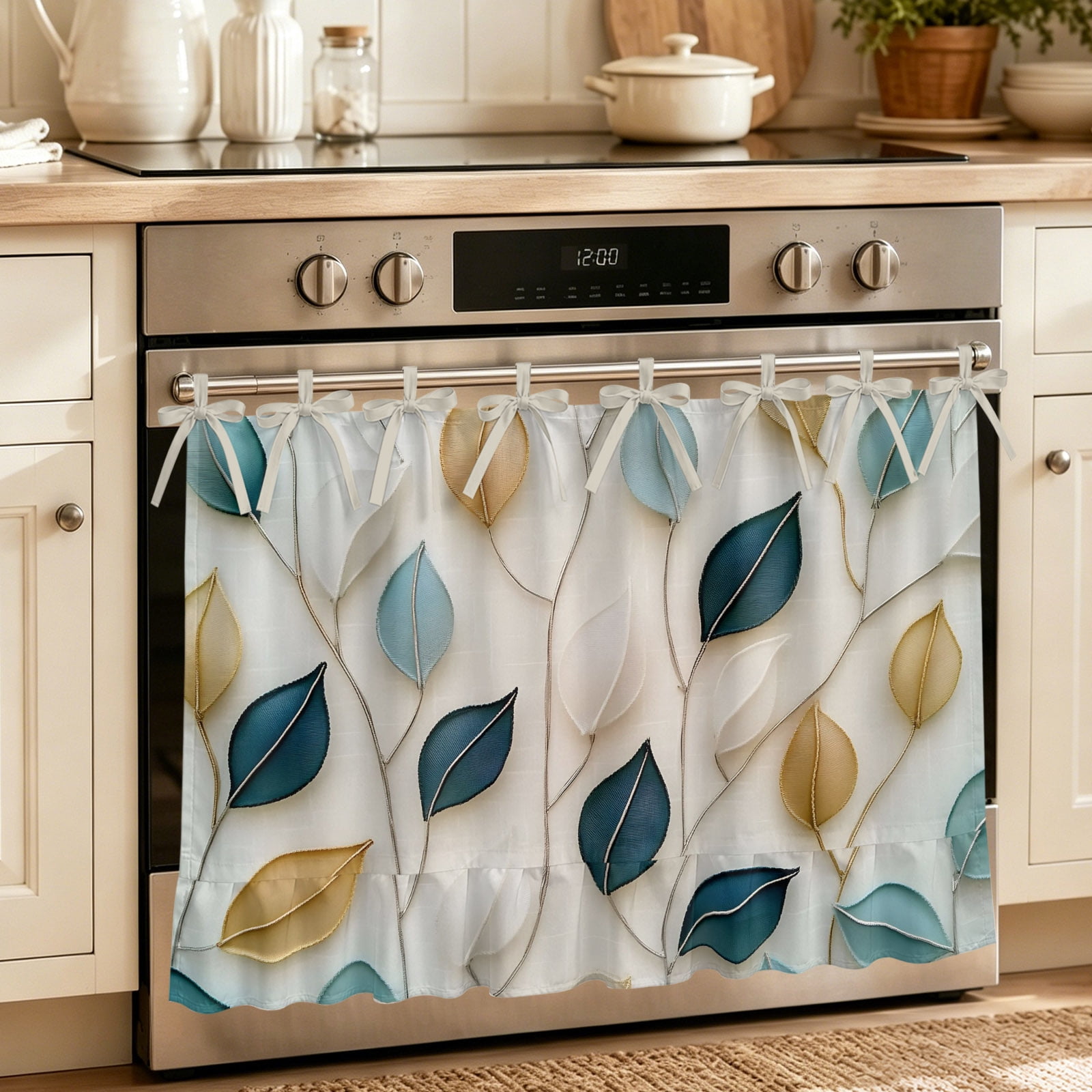 Blue Beige Leaf Oven Curtain with Tie Top Oven Skirt Curtain for Kitchen Farmhouse Summer Botanical Watercolor Under OvenCover Panel for Dust & Grease Apartment RV Cabinet Curtains 32 x24