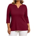 thumbnail image 5 of GERsome Plus Size 3/4 Sleeve T-Shirts for Women V-Neck Loose Fit Casual Trendy Blouses Wine XL, 5 of 6