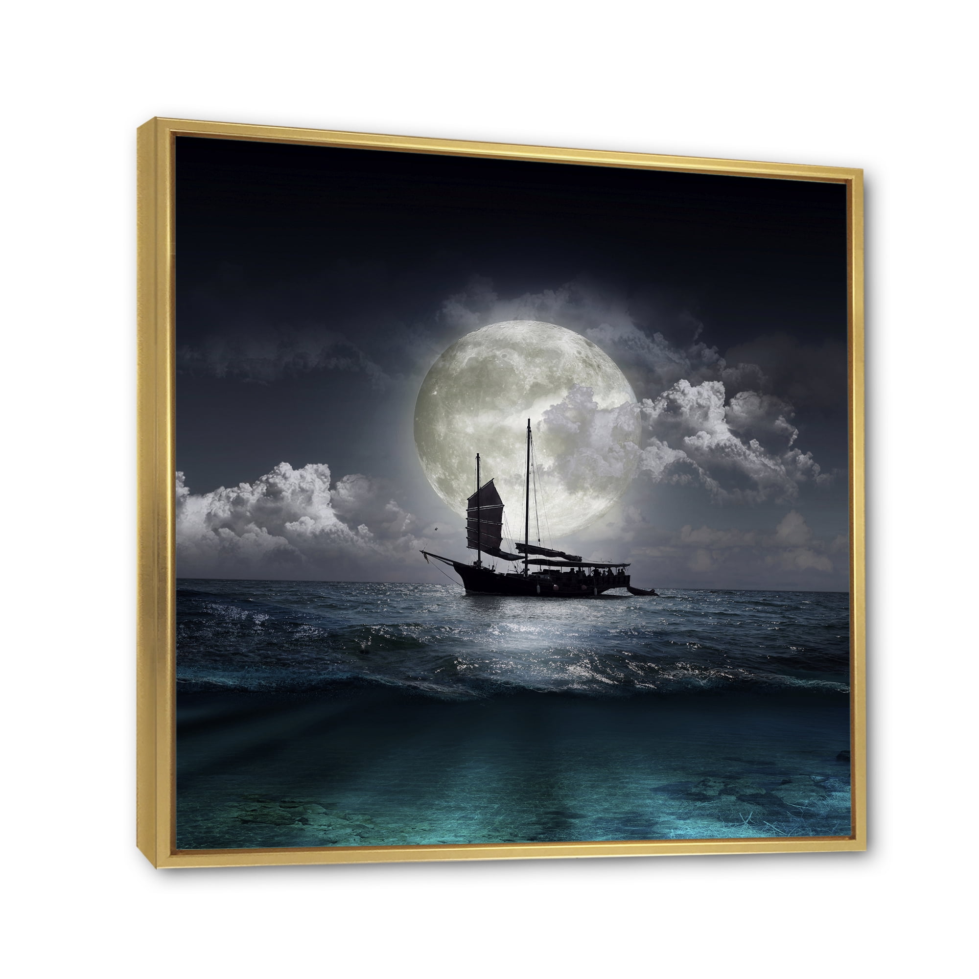 Designart 'The Lake During Full Moon With Fisher Boat' Nautical & Coastal Framed Canvas Wall Art Print