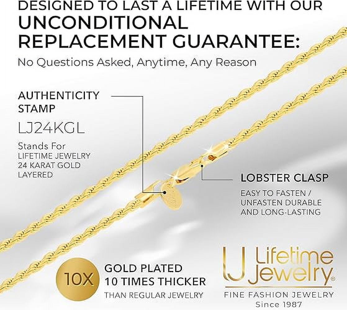 LIFETIME JEWELRY 3mm Rope Chain Necklace 24k Real Gold Plated-Women and Men (24 mm)