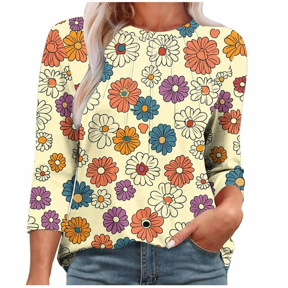 Spring Shirts for Women V Neck Women's Tops Spring 3 Quarter Length Sleeve Tops Womens Blouses Gifts