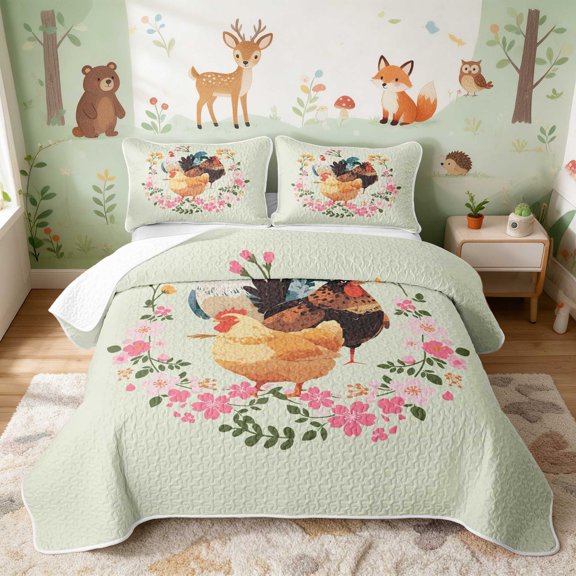 Erosebridal Chicken Twin Quilt Set for Girls, Floral Wreath Twin Coverlet Set, 2 Pieces 1 Bedspread and 1 Pillowcase