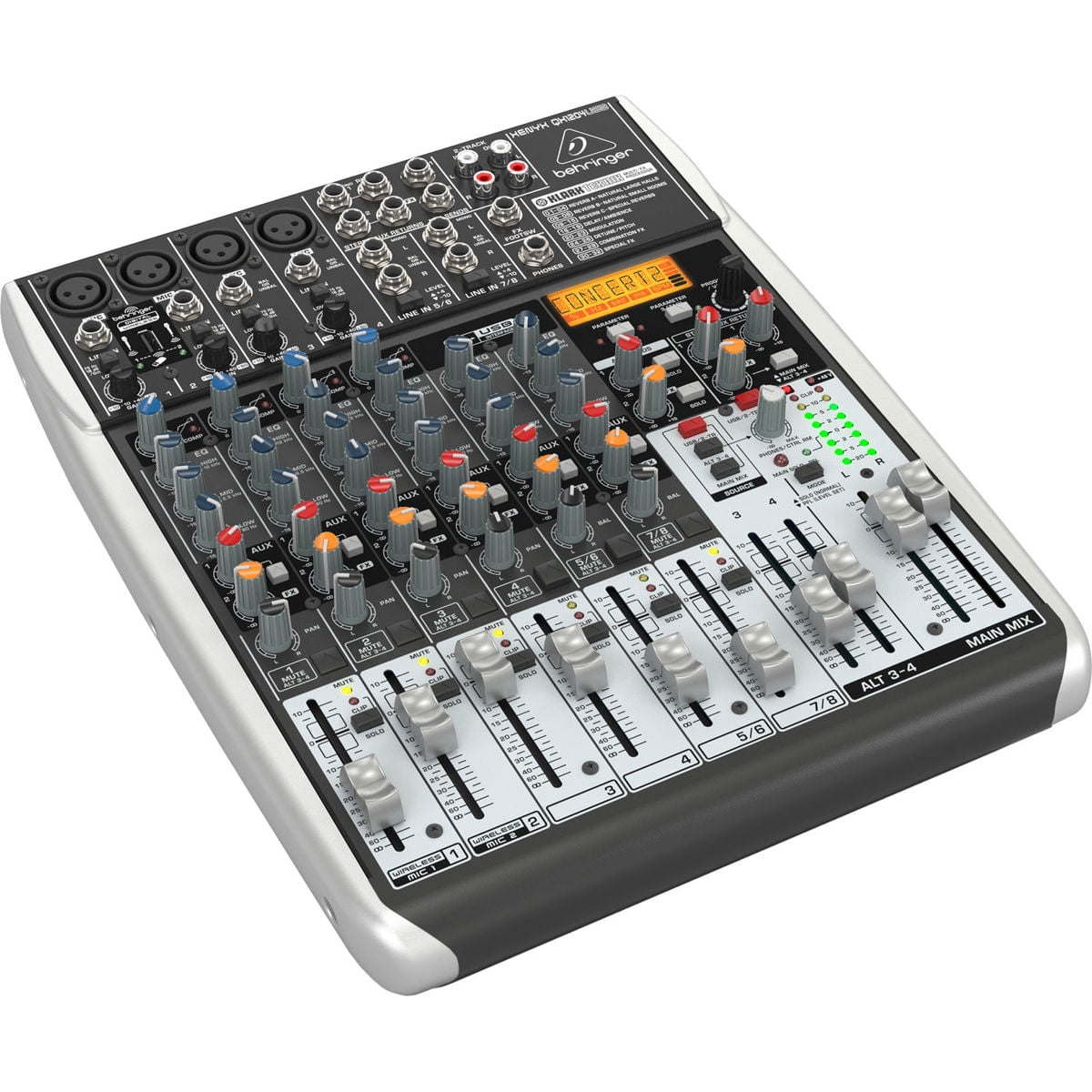 Behringer Xenyx QX1204USB Premium 12-Input 2/2-Bus Mixer with Xenyx Mic Preamps and Compressors, KLARK TEKNIK Multi-FX Processor, Wireless Option - With 4 Pack 15' 8mm XLR Microphone Cable