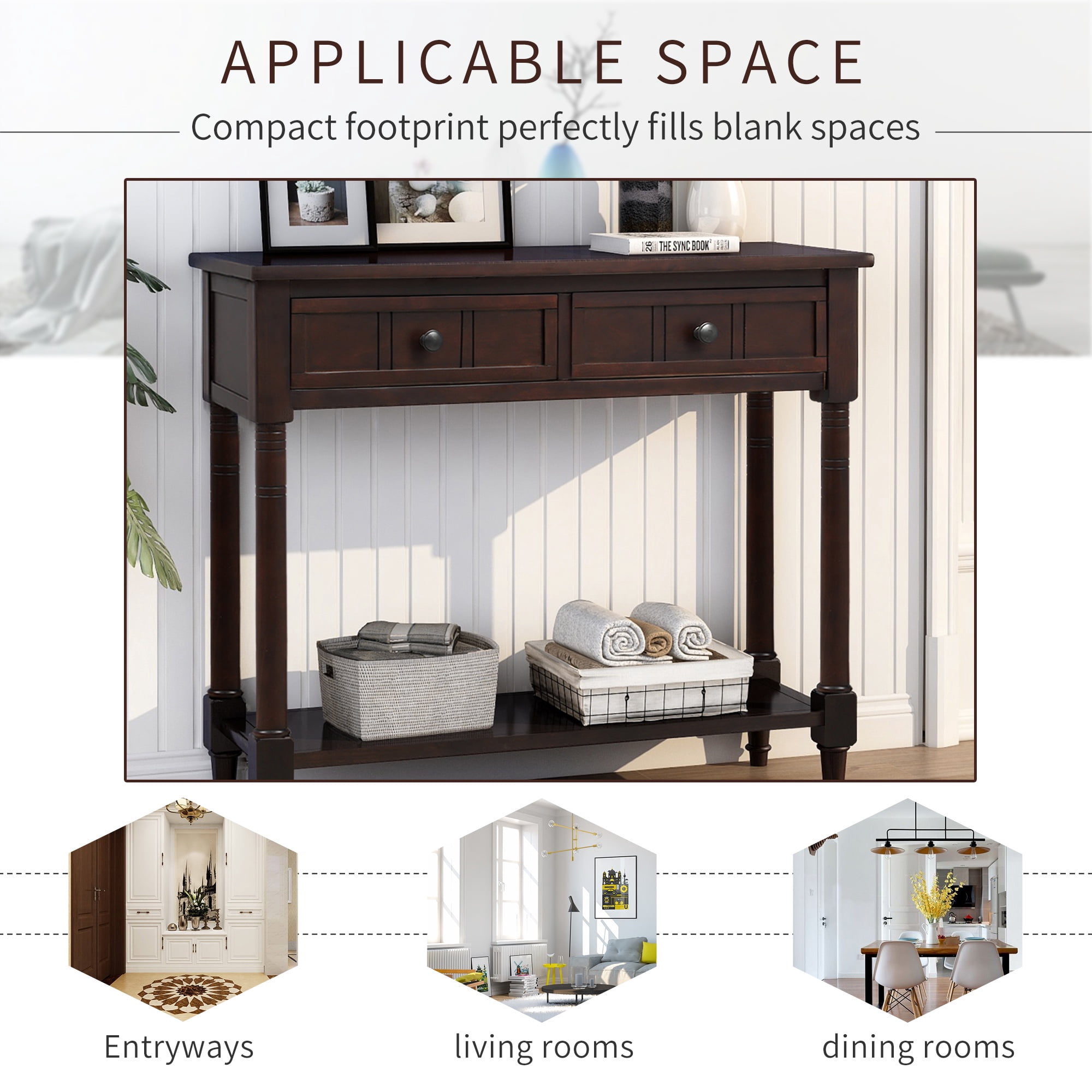 CASEMIOL Vintage Console Table with Drawers, Entryway Table with Storage Shelf, Solid Wood Accent Sofa Table for Living Room, Hallway, Deep Espresso Finish