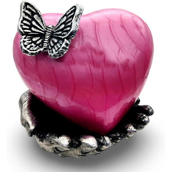 Pink Butterfly Heart Cremation Urn for Ashes with Hand Shape Stand Memorial Humans Keepsake for Women and Men