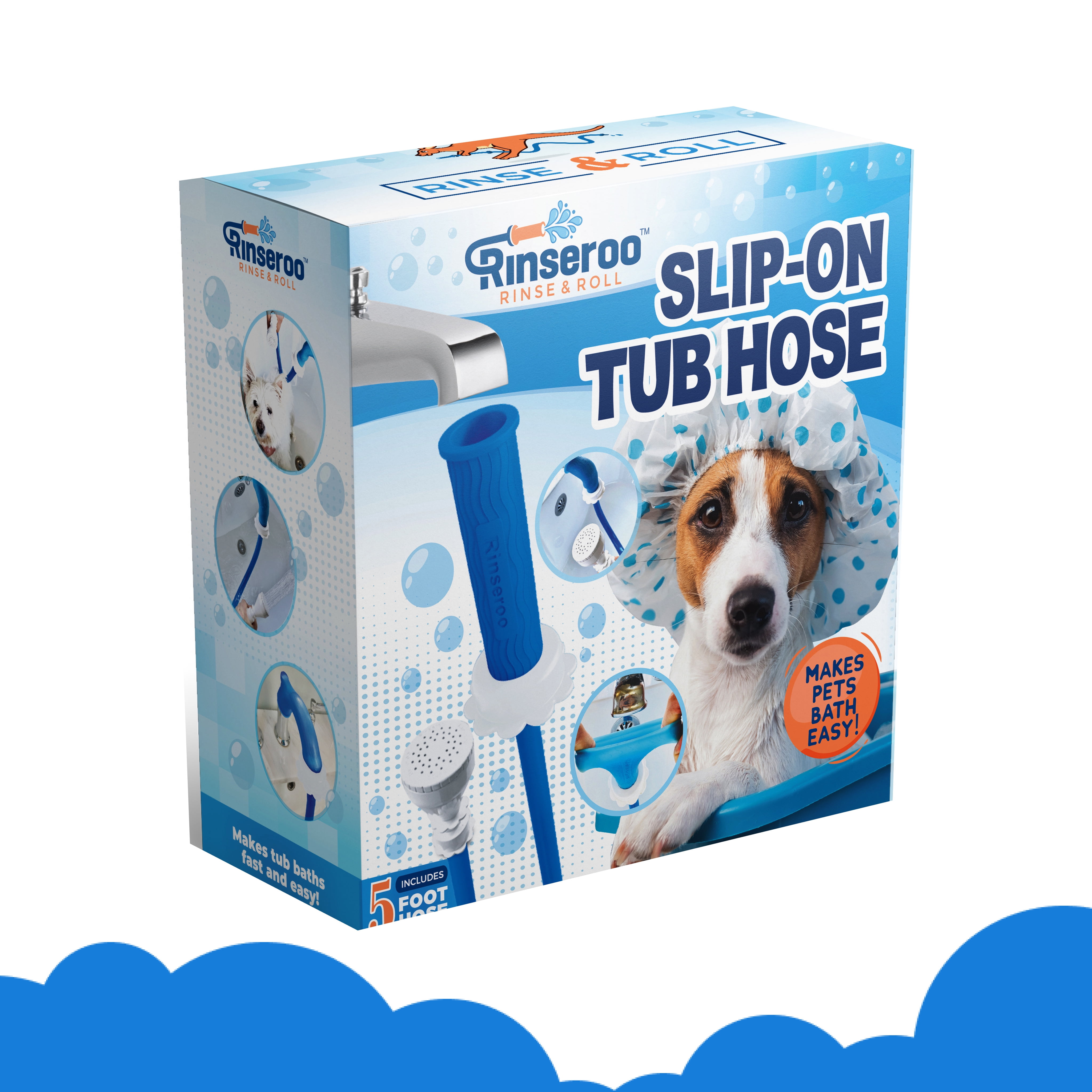 Rinseroo Slip-On Bathtub Faucet Sprayer Attachment. Ultra-Flex Dog Shower Hose Adapter Portable Hose Attachment with Sprayer Pet Showerhead Attach Tub Spout 5 Foot Hose. No Install for Speedy Washing