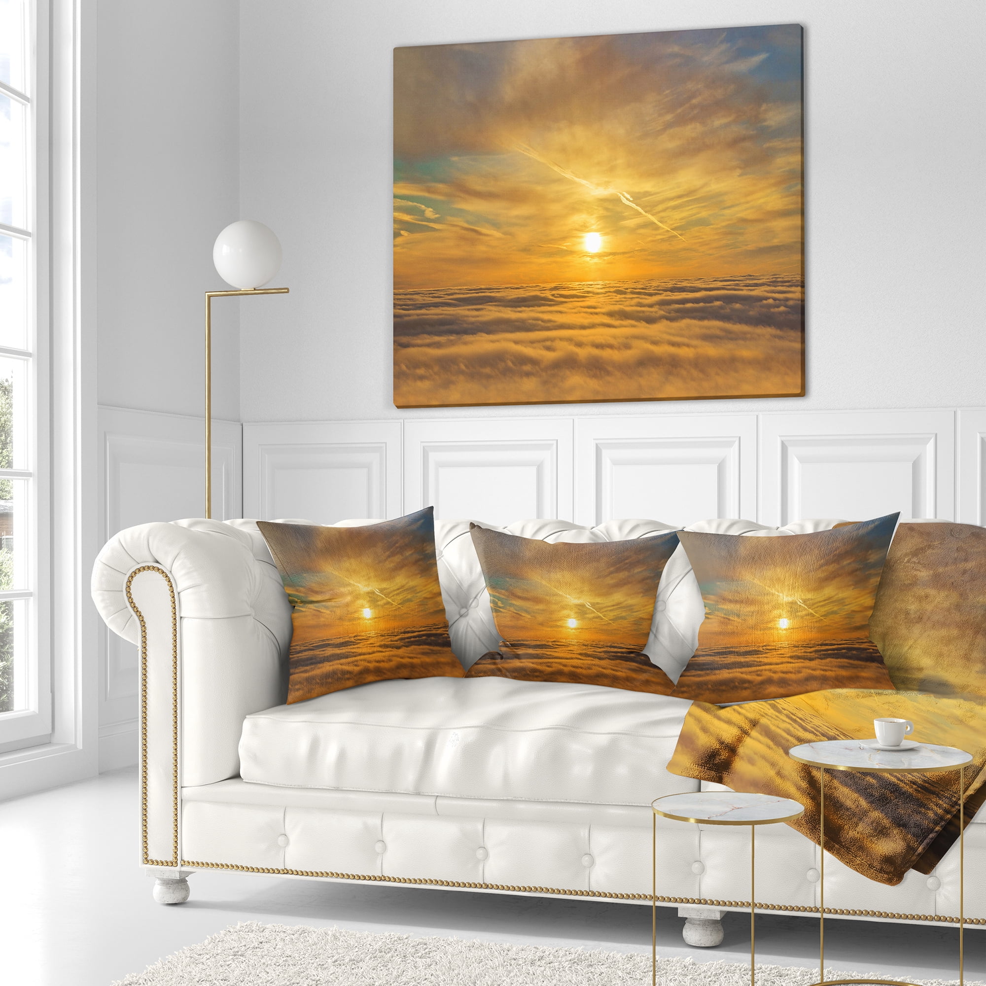 Designart Golden Sunset over Clouds - Oversized Beach Throw Pillow - 16x16