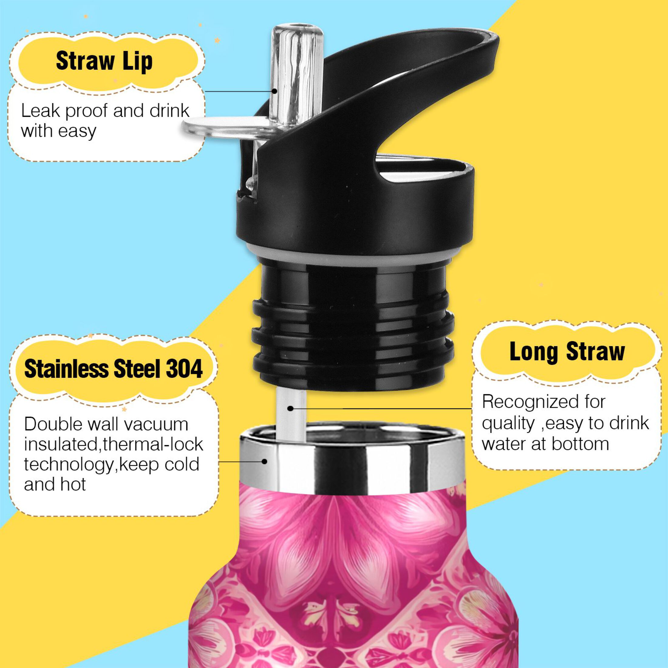 600ML Stainless Steel Insulated Cup Sports Water Bottle Portable Thermos Cup Water Glasses Insulated Tumblers Convenient and Durable Beautiful Pink Pattern