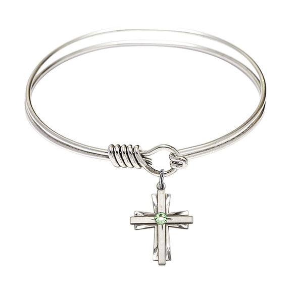 6 1/4 inch Round Eye Hook Bangle Bracelet w/ Cross medal charm w/ August Green Swarovski Crystal