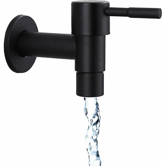 Black single-use quick wall mounted faucet for bathroom, made of stainless steel, suitable for outdoor use as a garden faucet, or for washing machine
