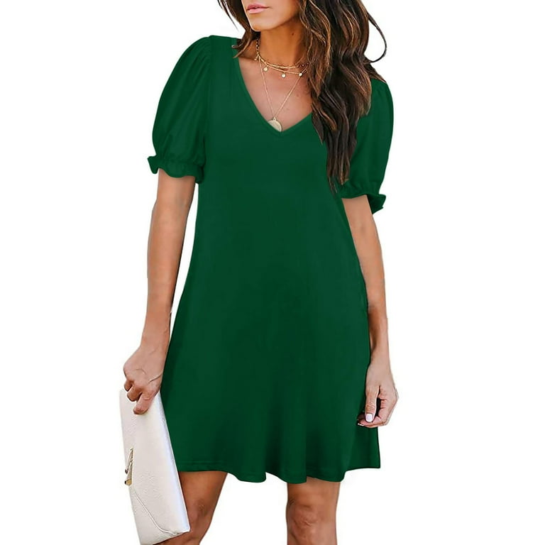 QUYUON Women's Short Sleeve V-Neck Swing Dress Summer Tunic Dresses Casual  Loose Flowy Tunic Tops T-Shirt Mini Short Dress with Pockets Evening  Cocktail Party Dress Beach Sundress, Green S - Walmart.com