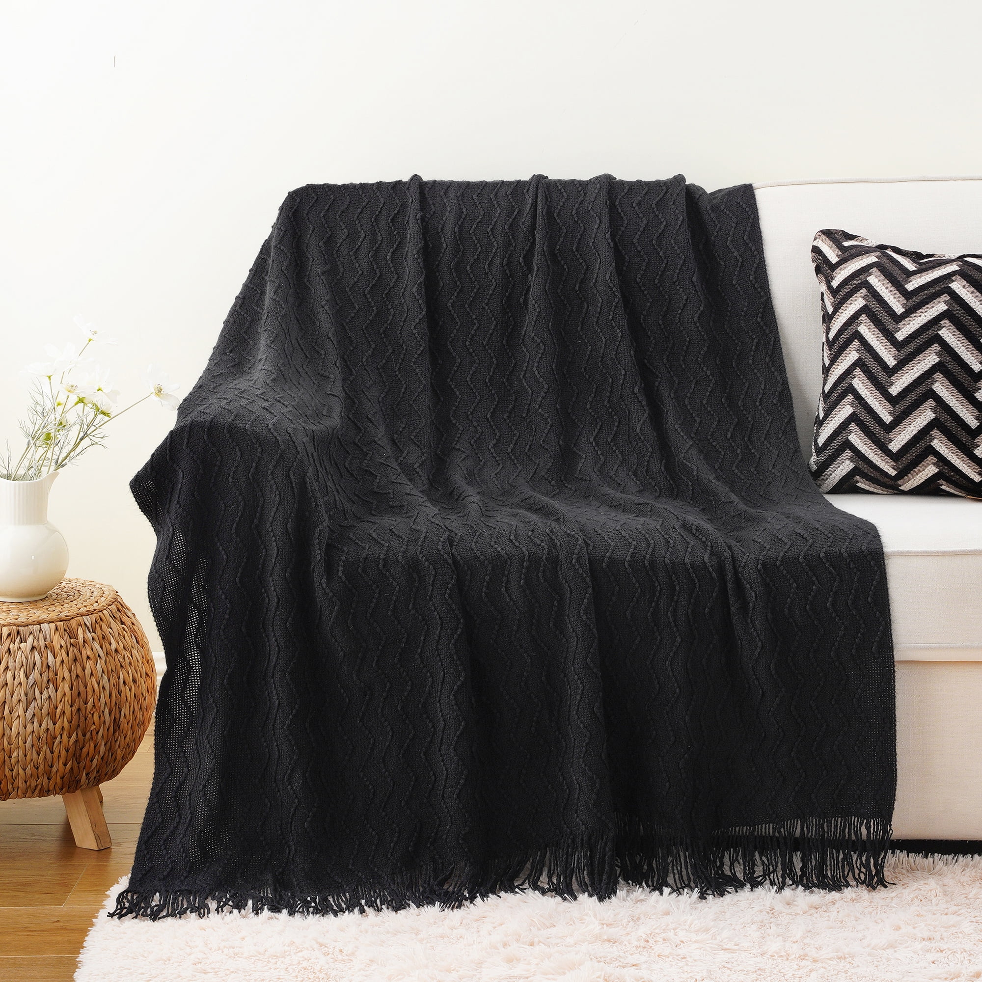 Battilo Black Knit Throw Blanket, Boho Decorative Blanket for Bed, Sofa, Living Room,50"x60"