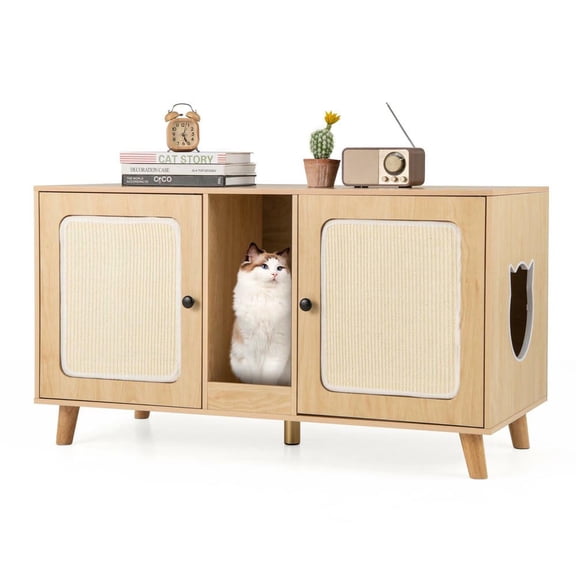 Resenkose 43-Inch Cat Litter Box Enclosure with Double Rooms and 2 Premium Sisal Scratching Mats for Cats, Natural​