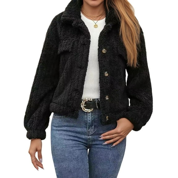 FNFHFY Womens Fleece Jacket Cropped Sherpa Shacket Jackets Casual Button Down Lapel Coat Fuzzy Warm Fall Winter Coats Long Sleeve Outwear with Pockets