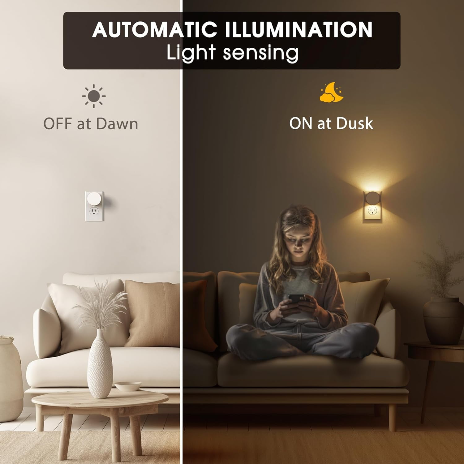 RGHJAR-Night Lights Plug into Wall [2 Pack], White Night Light Dusk to Dawn Sensor Nightlight, Brightness Adjustable 3000K Soft White, Plug in Night Light for Bedroom, Hallway, Stairs, Kitchen