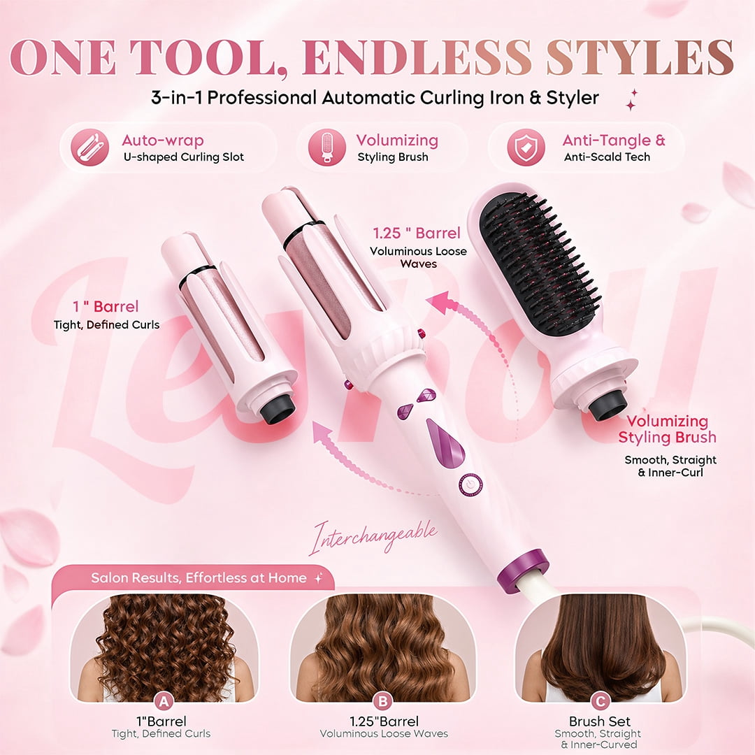 3-in-1 Curling Iron Set, Pink Blowout Waves, 1” & 1.25” Barrels with Straightener Brush for Everyday Curls & Loose Waves
