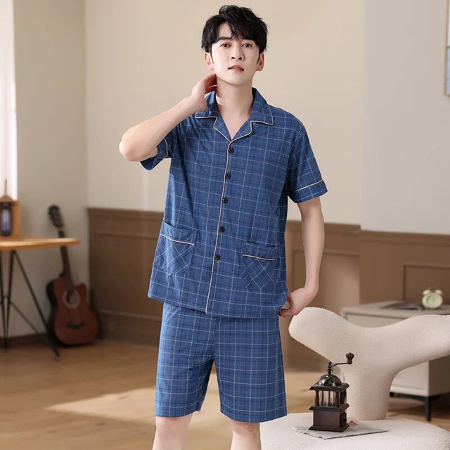 Pijama de manga corta para Hombre, ropa de dormir masculina con estampado a cuadros, de algodón, talla grande XXXL