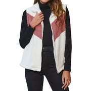 ZXZY Women Contrast Color Lapel Full Zip Pocket Fuzzy Vest Jacket