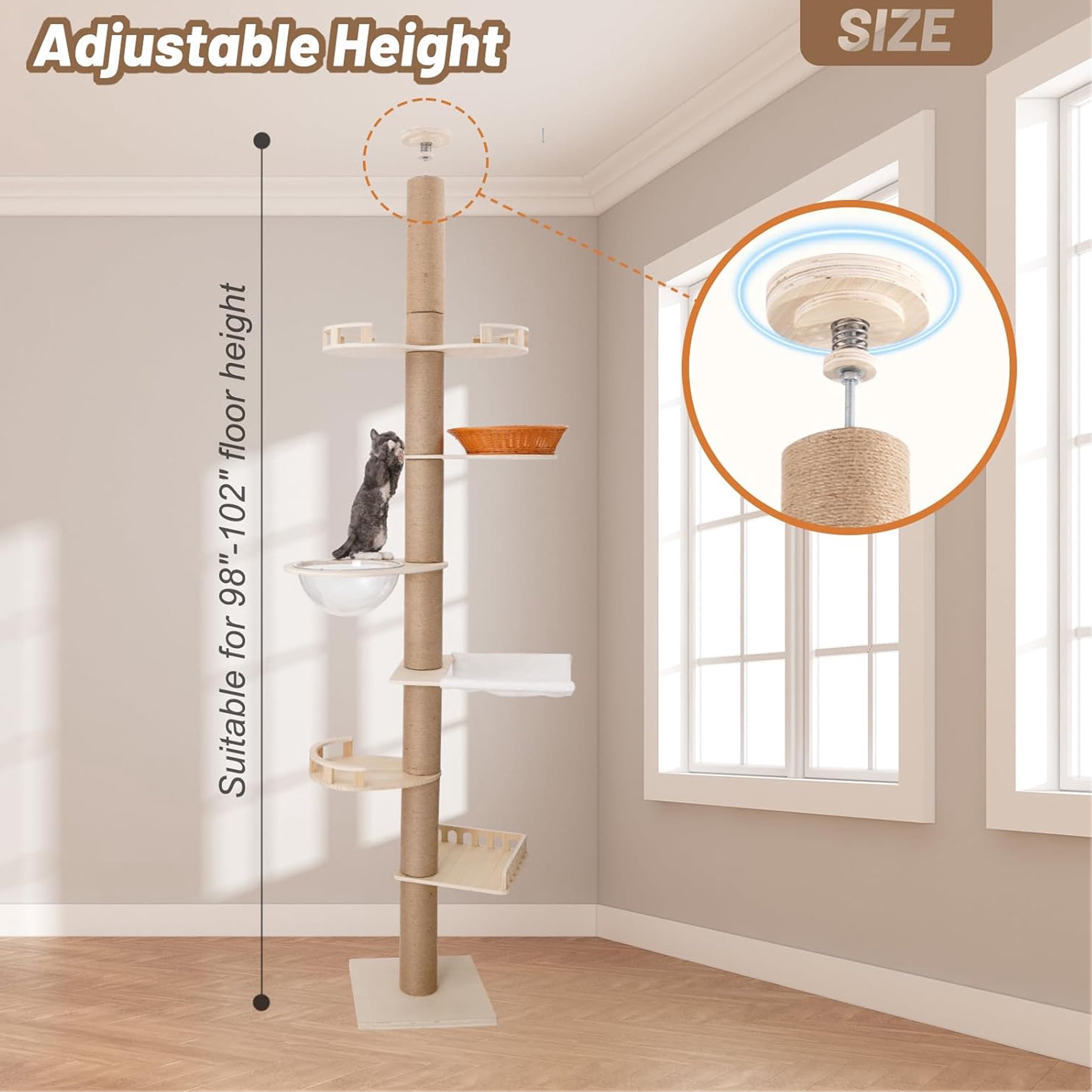 Ealing Floor to Ceiling Cat Tree, Height Adjustable 7-Tier Tower 98-102", Wooden Pet Tree with 7 Sisal Scratching Post for Indoor Cats-