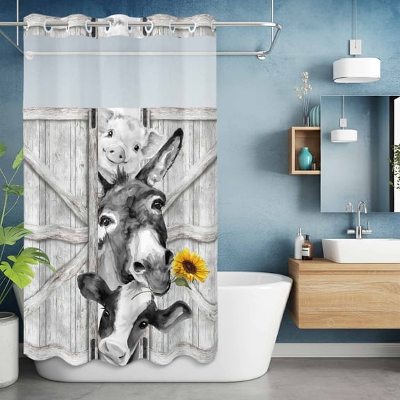 No Hook Shower Curtain with Snap in Liner, Gray Donkey Pig Cow Wood Grain Waterproof Fabric Bathroom Curtain Mesh Top Window, Farm Sunflower Animals Shower Curtains 36x72in
