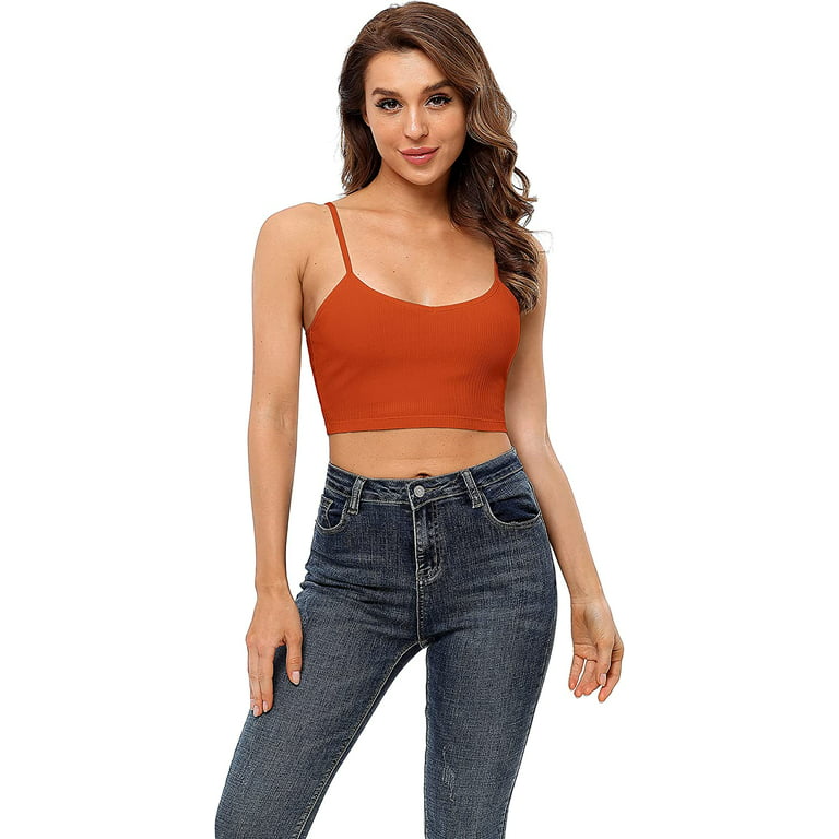 Women's Ribbed Cami Crop Tops Cropped Camisole with Built in Bra Tank Top