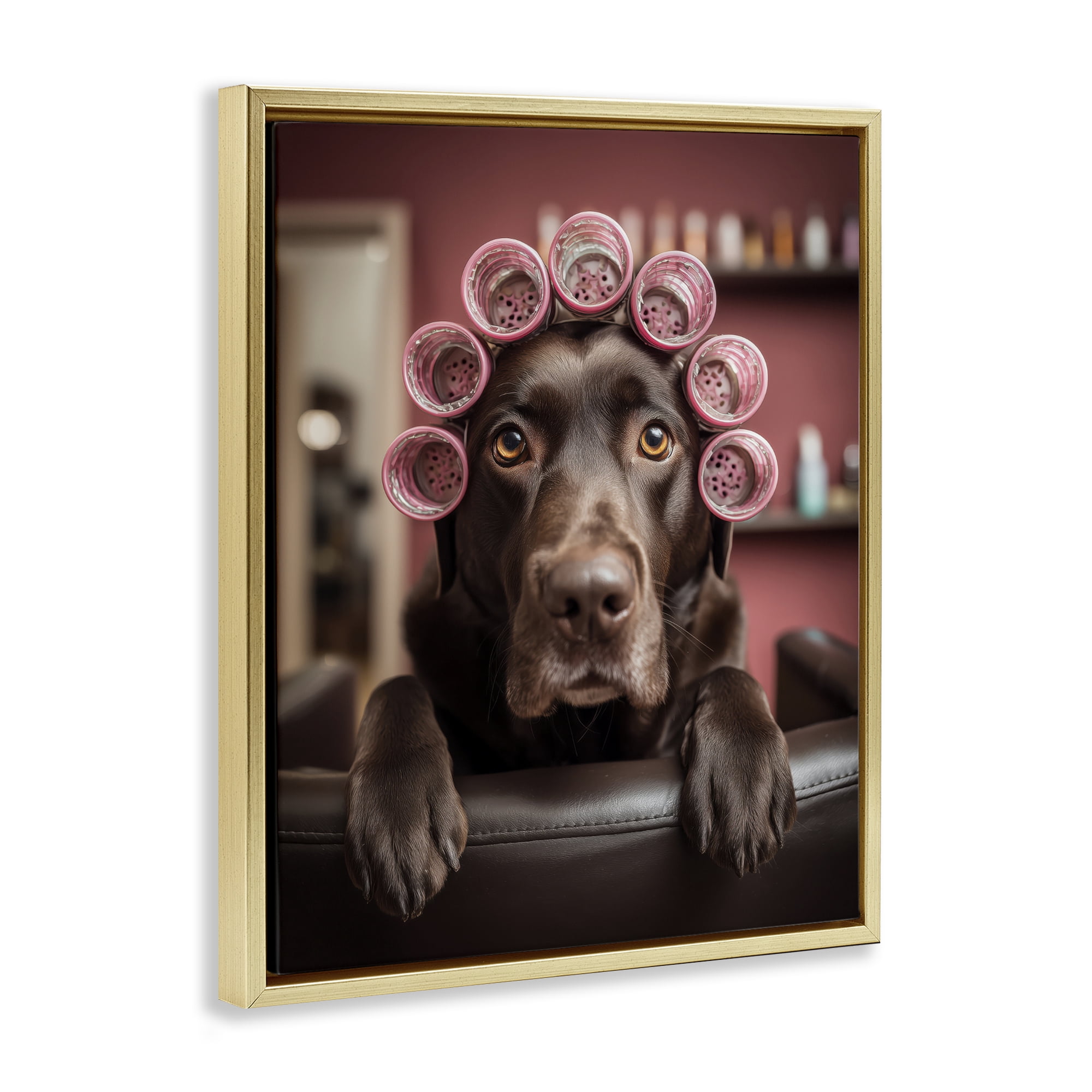 Stupell Industries Dog at Salon with Curlers Gold Framed Floater Canvas Wall Art, design by Scott Stulberg