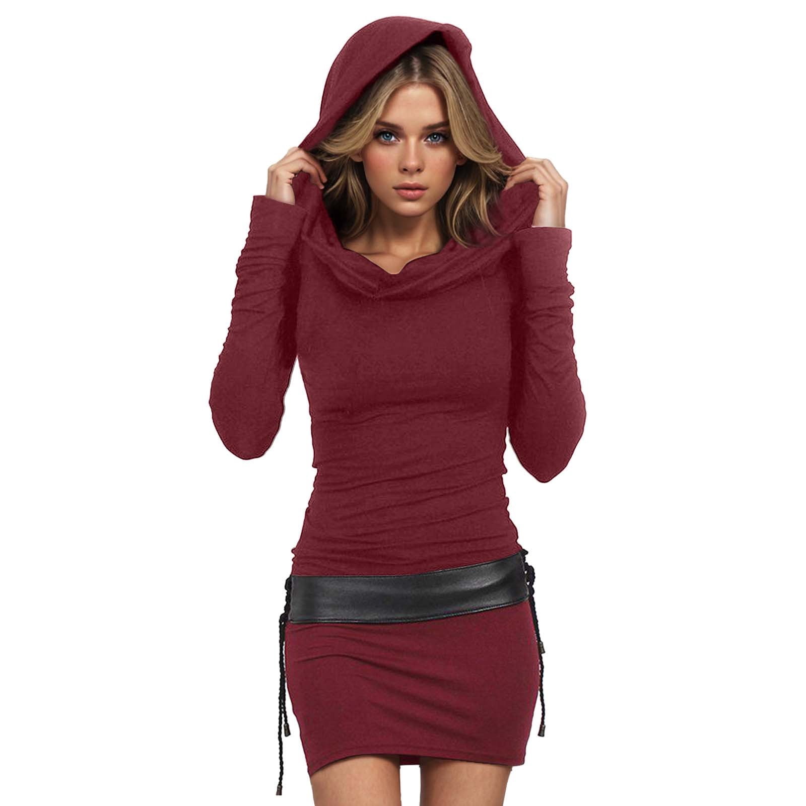 hotojiny Hoodie Mini Dress for Women Comfy Ruched Vintage Party Dresses Fashion Long Sleeve Bodycon Pencil Dress