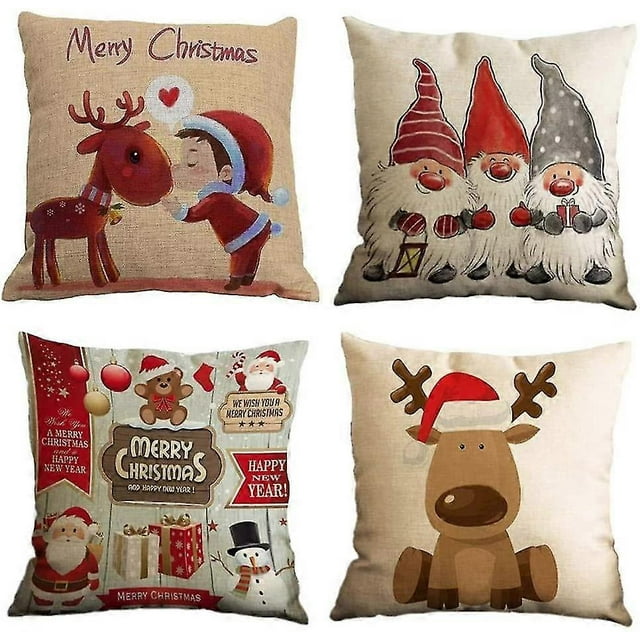 Set Of 4 Christmas Pillow Cover Cotton Linen Decorative Print Christmas Tree,christmas Deer,santa Cl
