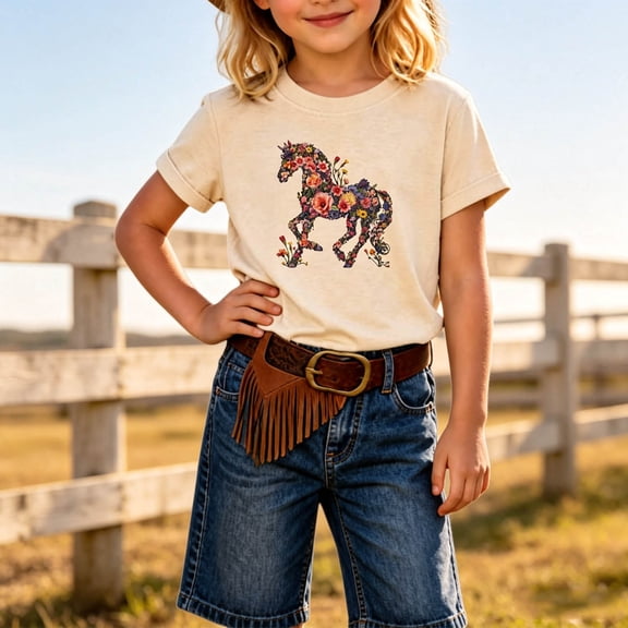 FASHOFT Cowgirl Graphic Tees for Girls Horse Print Short Sleeve Crew Neck Shirts Cute T-Shirt Summer Tops 2-3 Years