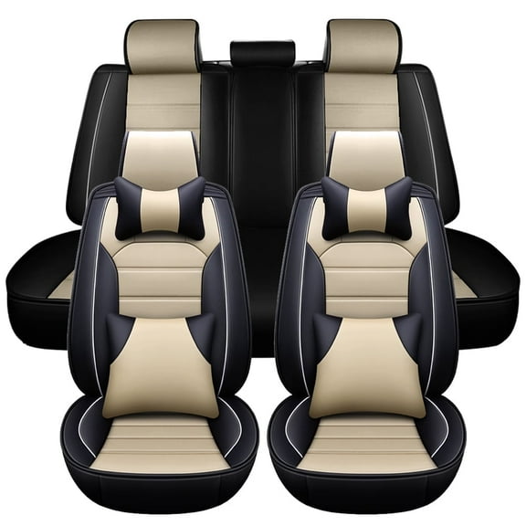 Maidao Car Seat Covers Full Set with Waterproof Leather,Airbag Compatible Automotive Vehicle Cushion Cover Universal fit for Most Cars Black Beige