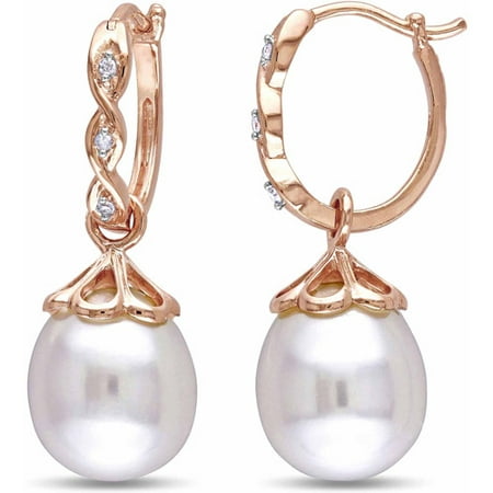 Miabella 9-9.5mm White Rice Cultured Freshwater Pearl and Diamond Accent 10kt Rose Gold Hoop Earrings