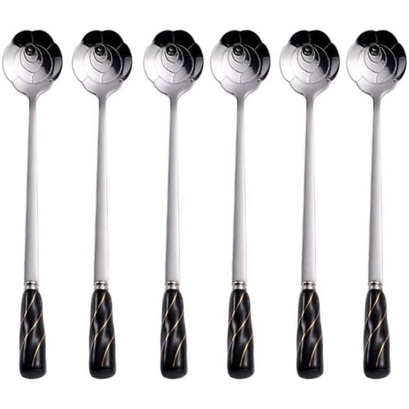 ABCISI Iced Tea Spoon, Stainless Steel Coffee Sugar Mixing Spoons for Dessert Cake Mixing Drinks Appetizer, Stirring Spoon with Delicate Ceramic Handle Rose Shape, Black Silver- Set of 6